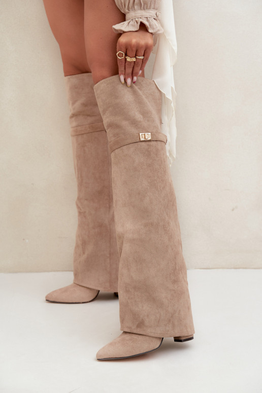 Insulated boots with rolled-up shaft over the knee heel block beige Serelle