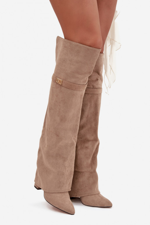 Insulated boots with rolled-up shaft over the knee heel block beige Serelle