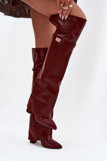 Insulated Boots with Turned Over Shaft Over the Knee Block Heel Bordeaux Serelle