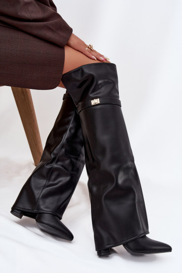 Insulated boots with turned-up shaft over the knee block heel black Serelle