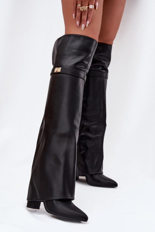 Insulated boots with turned-up shaft over the knee block heel black Serelle