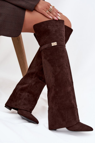 Insulated boots with rolled top Over the knee block heel chocolate Serelle