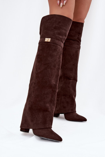 Insulated boots with rolled top Over the knee block heel chocolate Serelle 2
