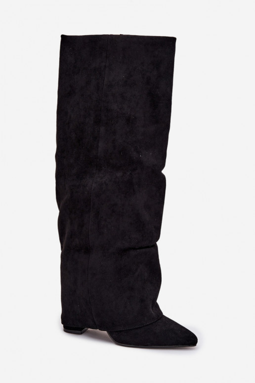 Insulated Women's Boots with Turned Shaft on Heel Eco Suede Black Elivira