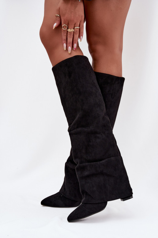 Insulated Women's Boots with Turned Shaft on Heel Eco Suede Black Elivira