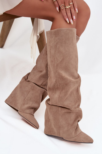 Insulated Women's Boots With Turned Collar On Heel Eco Suede Beige Elivira