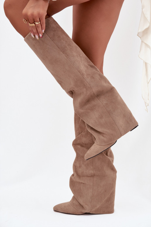 Insulated Women's Boots With Turned Collar On Heel Eco Suede Beige Elivira Insulated Women's Boots With Turned Collar On Heel Eco Suede Beige Elivira