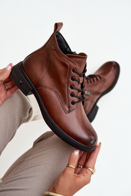 Insulated Leather Women's Ankle Boots Low Heel Vinceza 39953 Brown