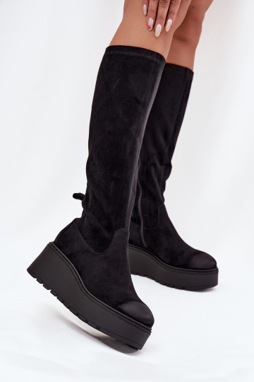 Womens Knee High Platform And Wedge Boots Black Vinceza 58342 2