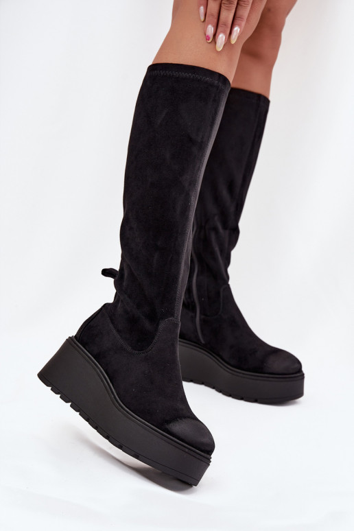 Womens Knee High Platform And Wedge Boots Black Vinceza 58342
