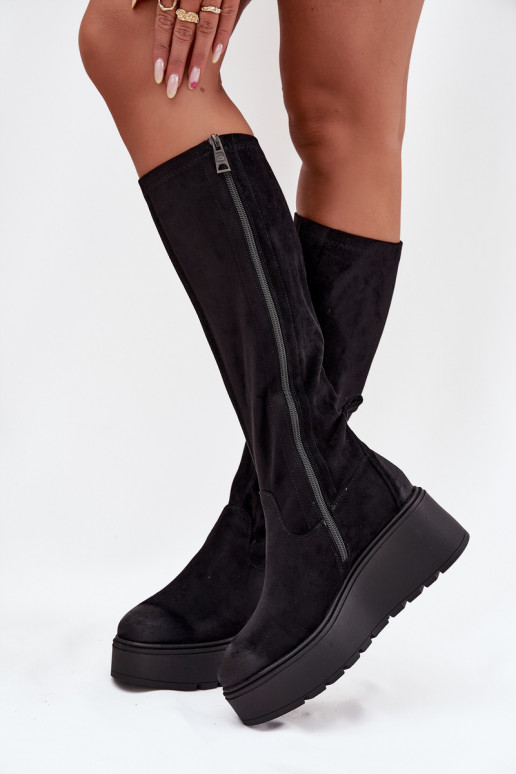 Womens Knee High Platform And Wedge Boots Black Vinceza 58342