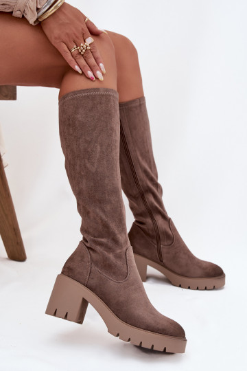Knee-high eco suede boots on a heel Vinceza 58332 dark beige