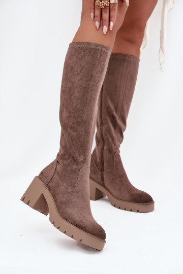 Knee-high eco suede boots on a heel Vinceza 58332 dark beige 2
