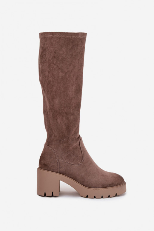 Knee-high eco suede boots on a heel Vinceza 58332 dark beige