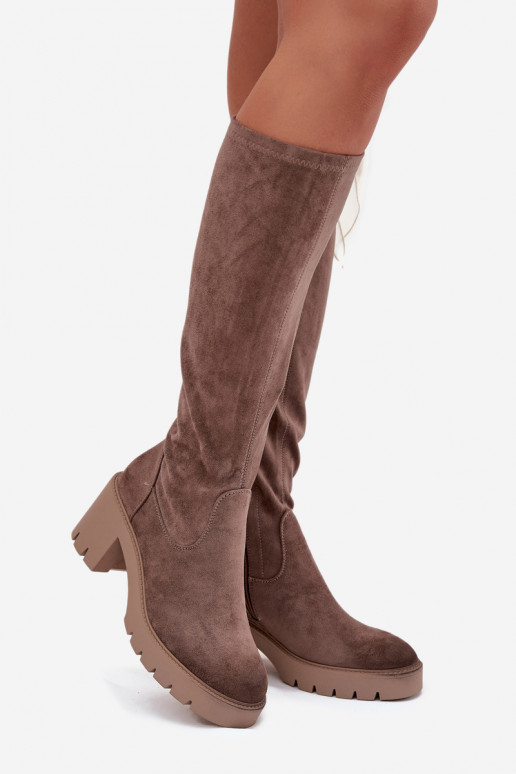 Knee-high eco suede boots on a heel Vinceza 58332 dark beige