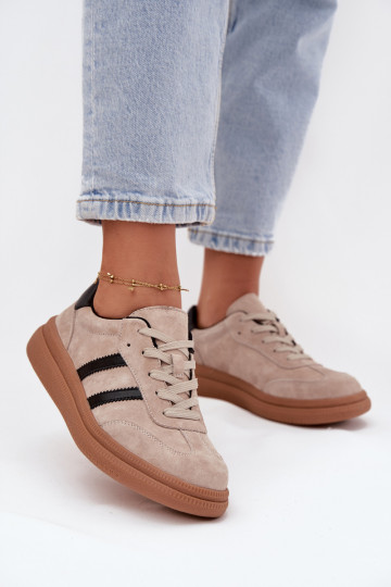 Zamszowe Sneakersy Damskie Na Platformie Beżowe Elivienne 2
