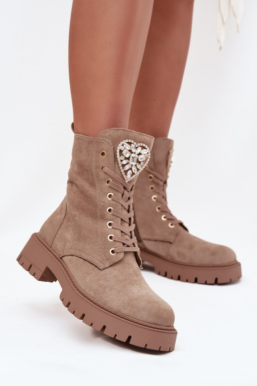 Women's work boots with crystals on the tongue beige Rosira Women's work boots with crystals on the tongue beige Rosira