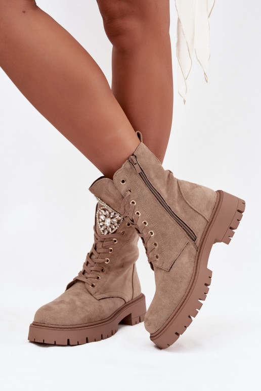 Women's work boots with crystals on the tongue beige Rosira Women's work boots with crystals on the tongue beige Rosira