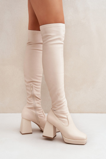 Fitted knee-high boots with a heel in light beige Sanniraen 2