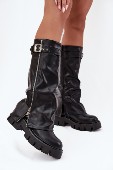 Insulated boots with turned collar buckle and silver zipper Black Armena