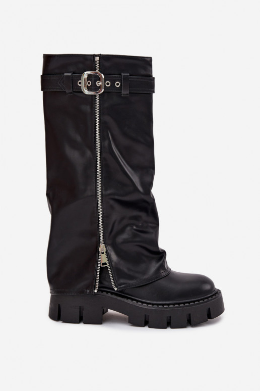 Insulated boots with turned collar buckle and silver zipper Black Armena