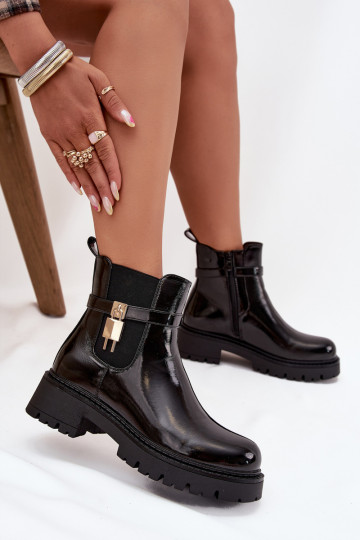 Patent leather ankle boots with lining with gold detail black Talyra