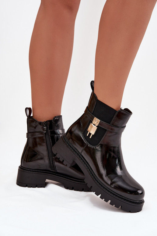Patent leather ankle boots with lining with gold detail black Talyra