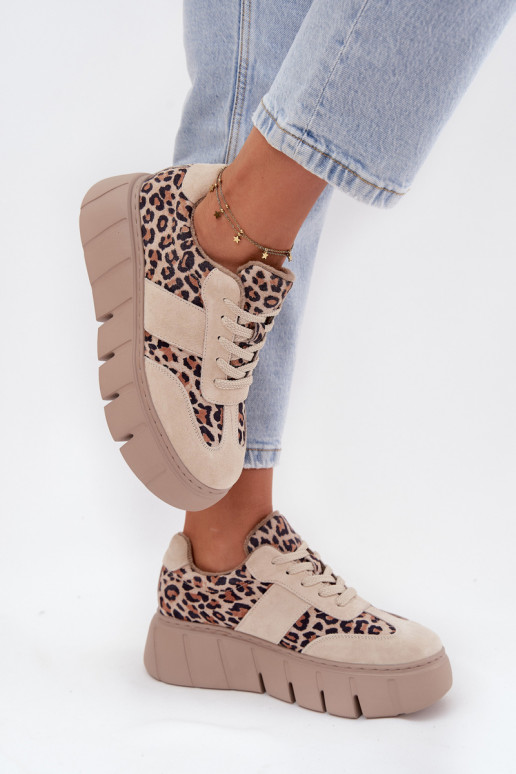 Suede Insulated Women's Sneakers On Chunky Platform Vinceza 66841 Leopard Beige