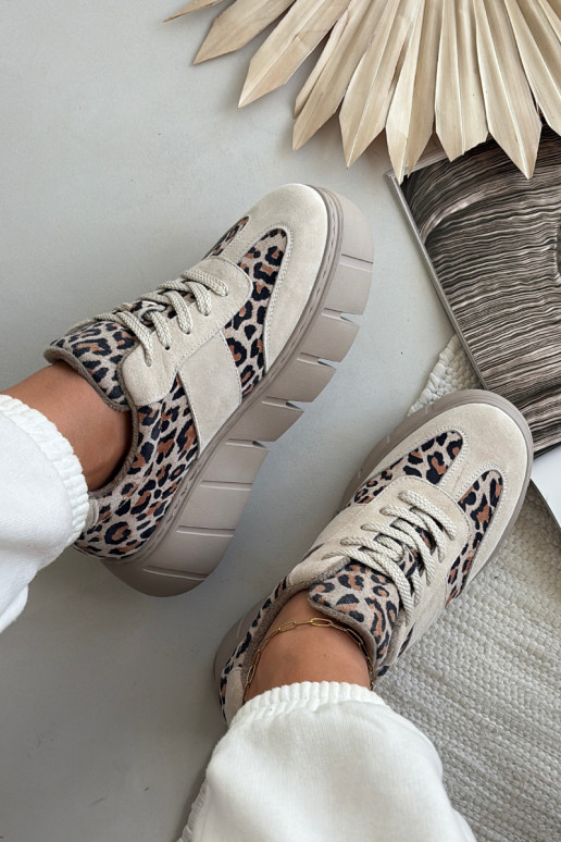 Suede Insulated Women's Sneakers On Chunky Platform Vinceza 66841 Leopard Beige