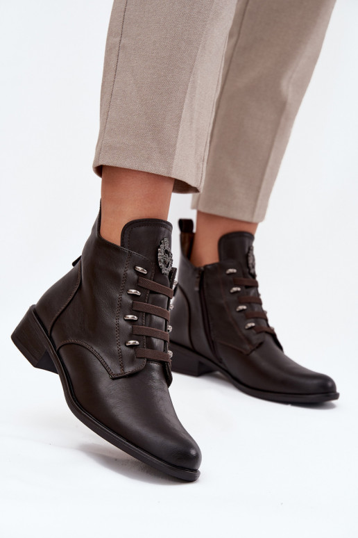 Low Insulated Ankle Boots With Zipper And Decoration Brown Nevalia