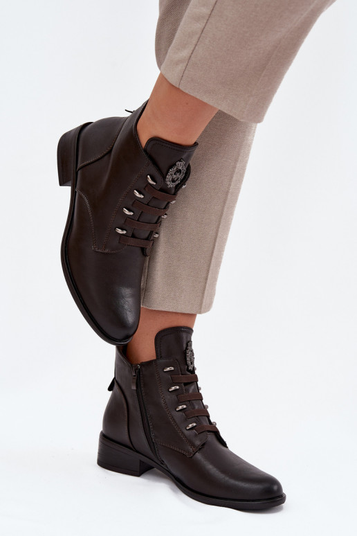 Low Insulated Ankle Boots With Zipper And Decoration Brown Nevalia