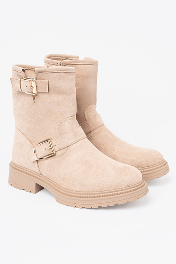 Stylish jsnobeige boots Inith decorative buckles