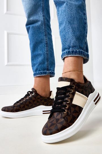 Brązowe sneakersy na platformie z beżowo-złotym paskiem 2