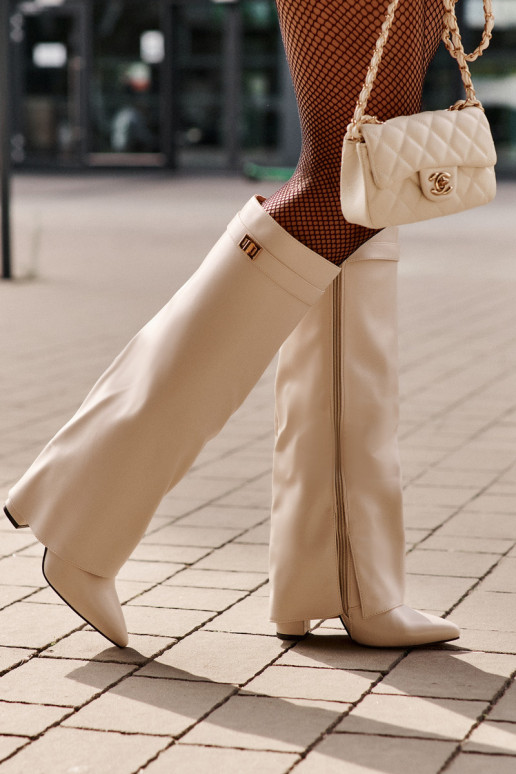 Women's Eco Leather Boots With Rolled Shaft On Heel Light Beige Avamora