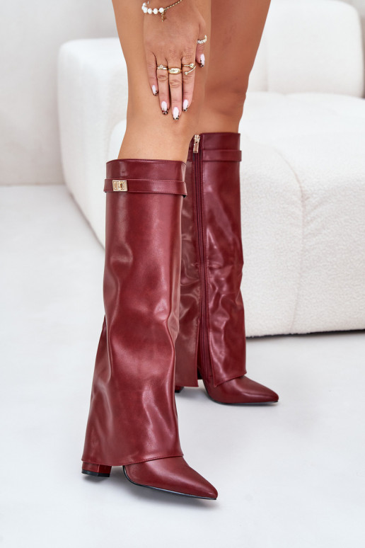 Women's Eco Leather Boots With Turned Shaft On Heel Burgundy Avamora