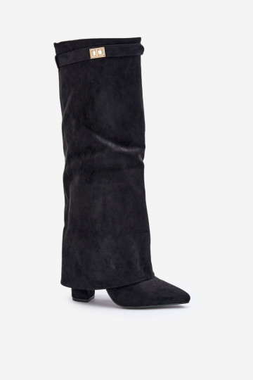 Women's Eco Suede Boots With Rolled Shaft On Heel Black Bralise 2