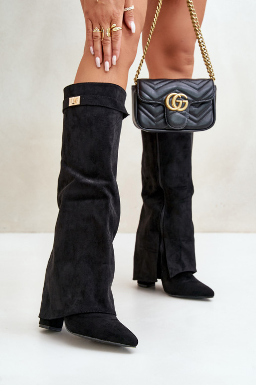 Women's Eco Suede Boots With Rolled Shaft On Heel Black Bralise Women's Eco Suede Boots With Rolled Shaft On Heel Black Bralise