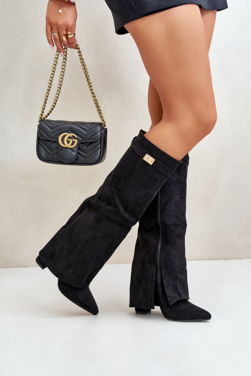 Women's Eco Suede Boots With Rolled Shaft On Heel Black Bralise Women's Eco Suede Boots With Rolled Shaft On Heel Black Bralise