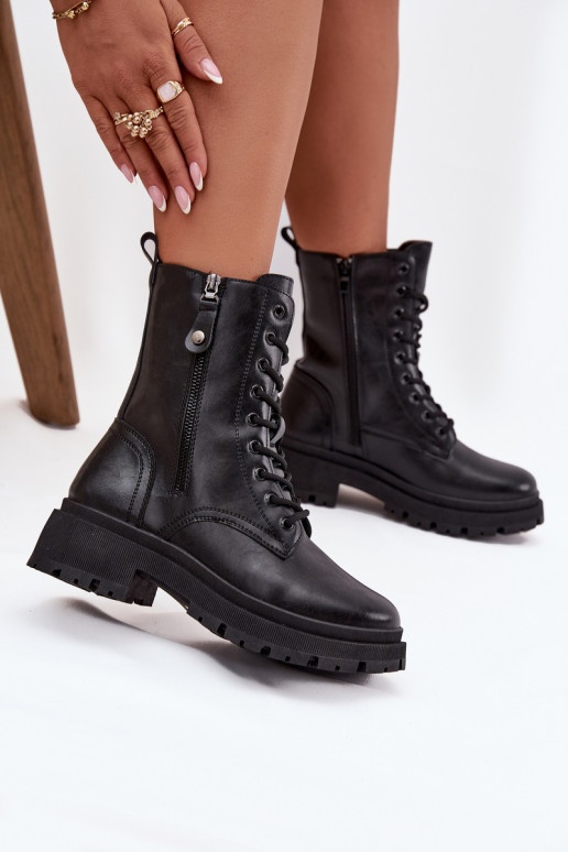 Botki Workery Damskie OcieplanewithPodwójnym Zamkiem Czarne Perlina