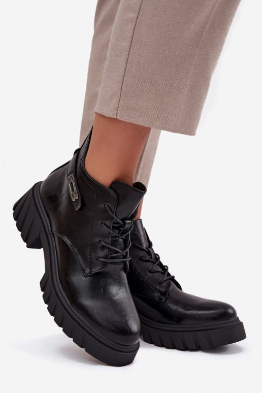 Niskie Ocieplane Botki Damskie Na KlockuwithOzdobnym Paskiem Czarne Therisse