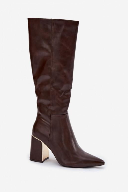 Women's High Heel Boots with Gold Element Chocolate Alessine Women's High Heel Boots with Gold Element Chocolate Alessine