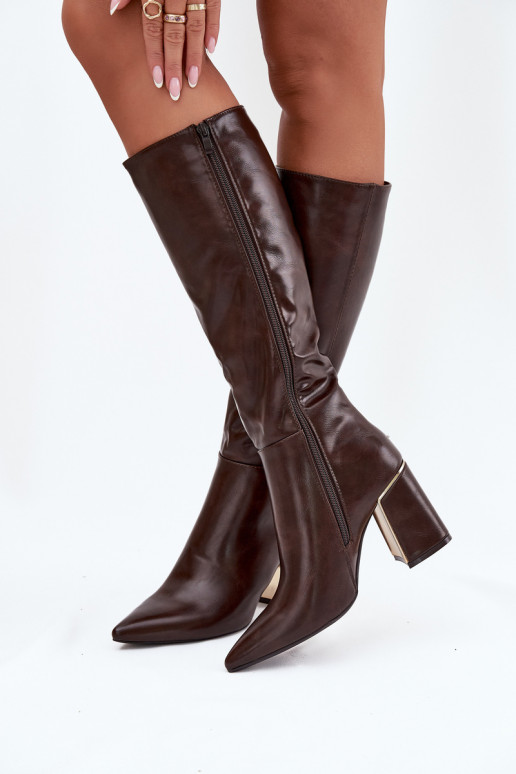 Women's High Heel Boots with Gold Element Chocolate Alessine Women's High Heel Boots with Gold Element Chocolate Alessine