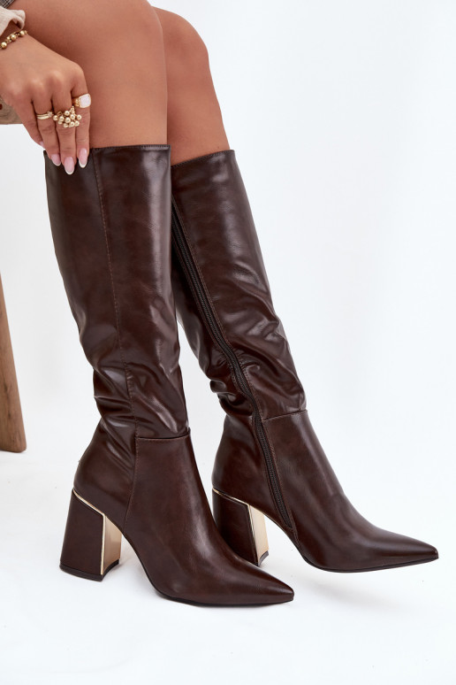 Women's High Heel Boots with Gold Element Chocolate Alessine Women's High Heel Boots with Gold Element Chocolate Alessine