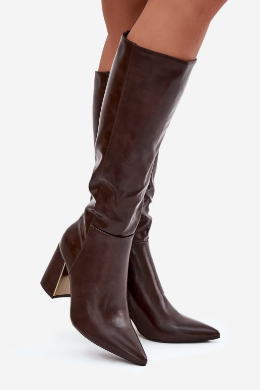 Women's High Heel Boots with Gold Element Chocolate Alessine Women's High Heel Boots with Gold Element Chocolate Alessine