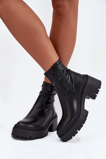 Women's Ankle Boots with Chunky Heel and Platform Eco Leather Black Elvianne