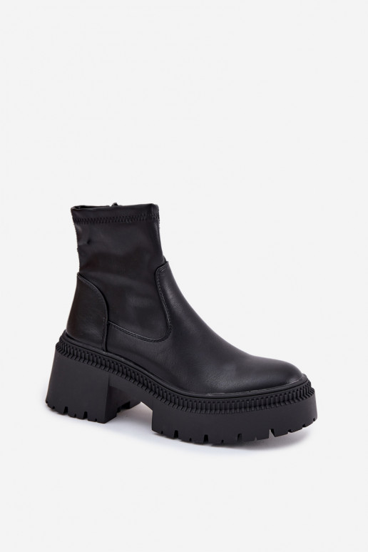 Botki Damskie Na Masywnym Obcasie I Platformie Eko Skórzane Czarne Elvianne