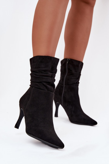 Women's Ankle Boots On Heel With Wrinkled Shaft Eco Suede Zipper Black Ulisse 2