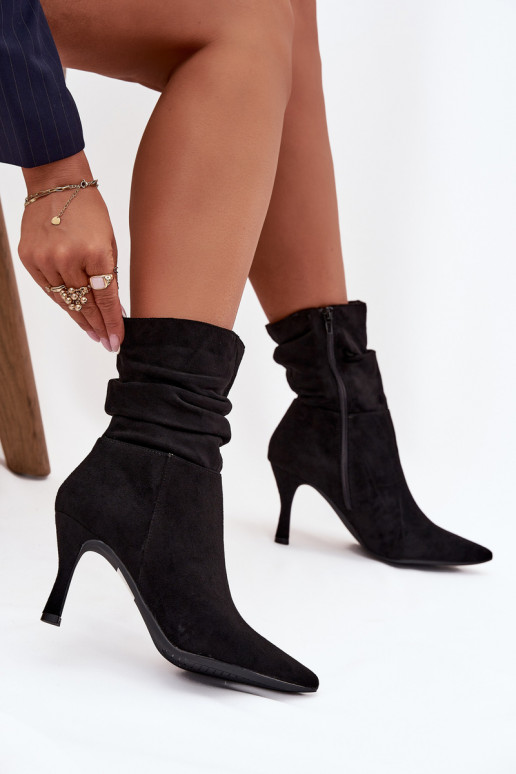 Women's Ankle Boots On Heel With Wrinkled Shaft Eco Suede Zipper Black Ulisse