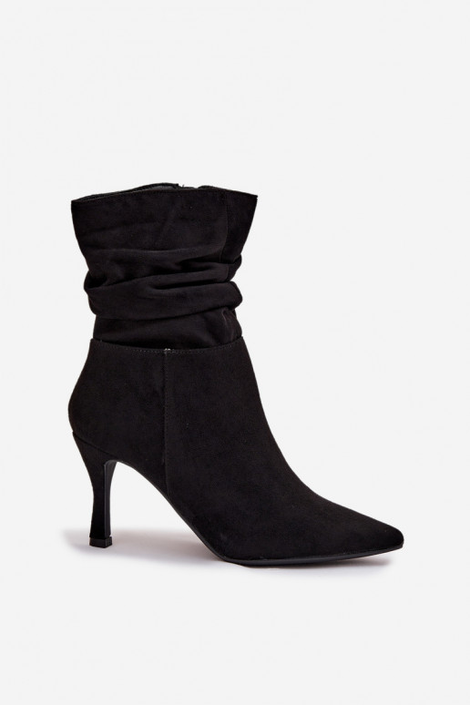 Women's Ankle Boots On Heel With Wrinkled Shaft Eco Suede Zipper Black Ulisse