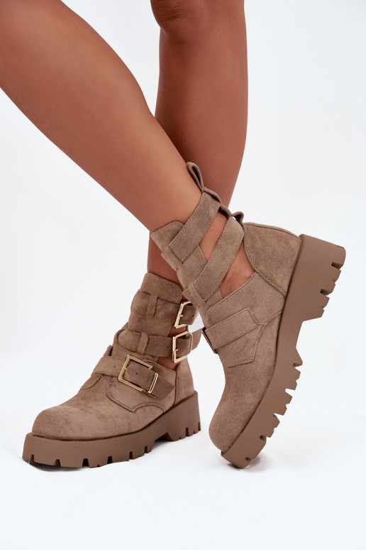 Women's Ankle Boots with Straps and Silver Clamps Beige Helisse